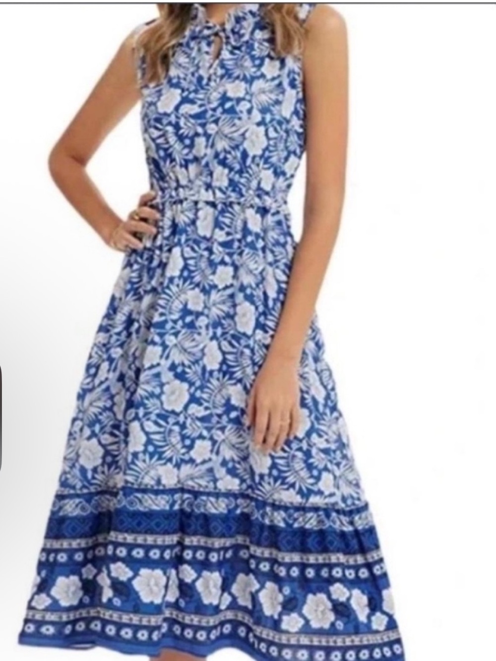Blue Floral Sleeveless Midi Dress